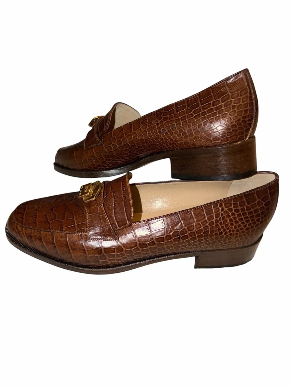 NWOT Vintage St. John Brown Croc Embossed Leather Loafers Gold Hardware Italy 8